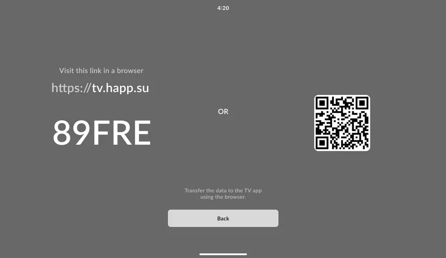 Экран Web Import на телевизоре: адрес tv.happ.su, код и QR-код