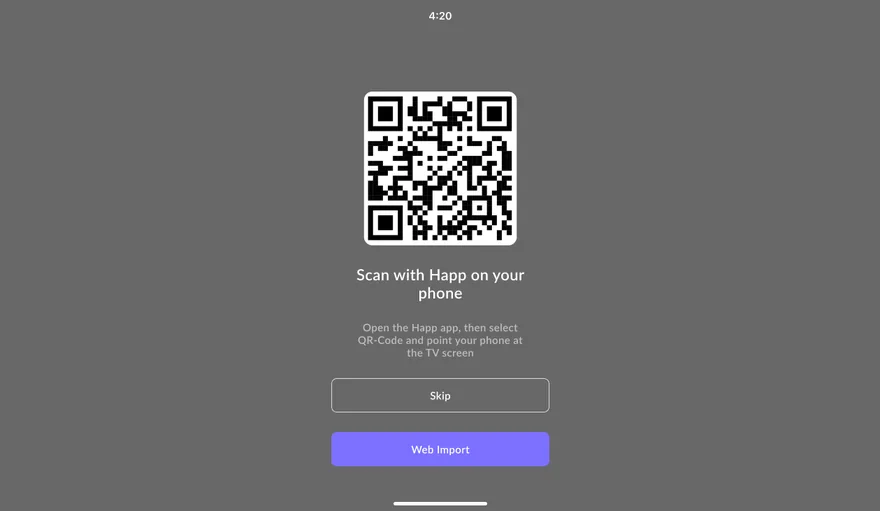 Экран Happ на телевизоре: QR-код для телефона и кнопка Web Import
